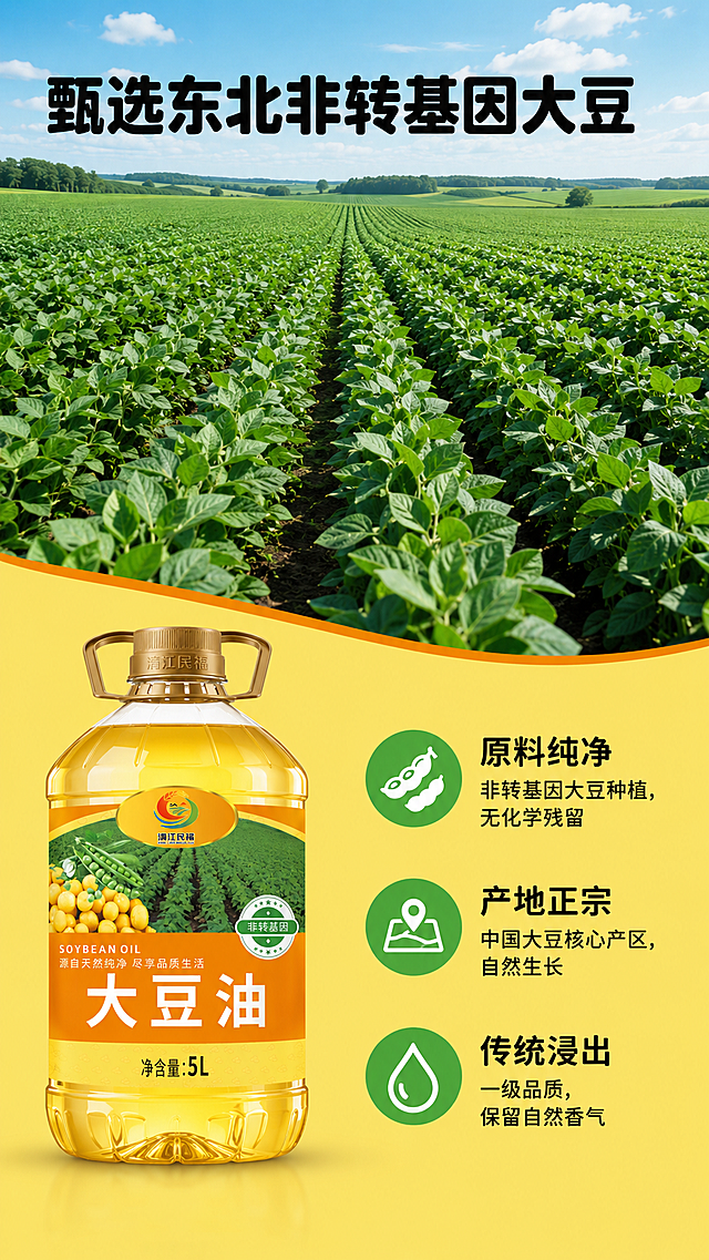 [第2屏] 原料产地展示-中国非转基因大豆核心产区介绍。
[氛围/风格] 自然原生态，绿色健康，纪实摄影风格，开阔有冲击力。
[元素布局] 画面上半部分为大片绿色大豆种植基地全景实拍，一望无际的大豆田，下方是浅黄底色的信息区。信息区左侧放置带包装的大豆油产品，保持包装结构、颜色、文字和输入图片一致，右侧分点展示核心卖点，三个圆形绿色图标搭配文字。整体上下布局，产品占右侧约40%区域，文字信息清晰分布，无边框满铺。
[光影质感] 自然光均匀照射，大豆田层次分明，绿色清新通透，产品光影自然。
[配色色系] 全局底色：#F9E076（浅黄）；主体配色：#F28500（橙色标题区）+ #2DA950（绿色标识）+ #1A1A1A（黑色文字）；和首屏保持完全一致。
[视角构图] 远景俯视大豆田，中景产品展示，近景信息排版，层次分明。
[文字版式] 顶部大标题「甄选东北非转基因大豆」，黑色加粗圆角黑体，字号为画面宽度6%，左侧对齐，统一黑色纯色填充。信息区三个卖点依次：
"原料纯净" 非转基因大豆种植，无化学残留
"产地正宗" 中国大豆核心产区，自然生长
"传统浸出" 一级品质，保留自然香气
文字黑色圆角黑体，使用绿色圆形图标做项目前缀，字号约主标题30%。全程遵循：字形为圆角黑体，全套仅使用黑色一种字色，统一纯色填充，版式载体保持自然简约风格。
[比例分辨率] 9:16 竖版比例，2k 分辨率，文字清晰可辨，超高清。
[负向提示词] 文字错乱，大豆田过度修饰，产品变形，颜色偏差，水印