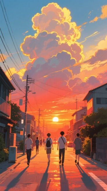 夏日傍晚，夕阳，有厚厚的云，街上行人散步预览效果