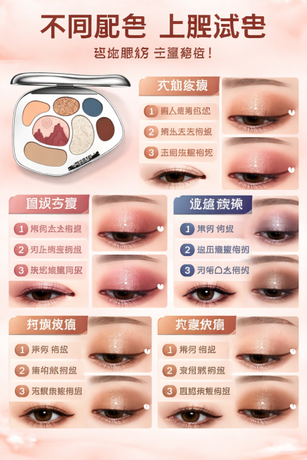 参考整体简约暖棕美妆风格，生成眼影场景体验板块，展示不同配色上眼试色效果，保留分区说明和眼妆教程，替换原来模板产品为本款眼影，文案保留教程步骤，整体浅暖色调，不要价格，风格和整体详情页统一预览效果