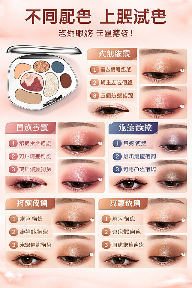 参考整体简约暖棕美妆风格，生成眼影场景体验板块，展示不同配色上眼试色效果，保留分区说明和眼妆教程，替换原来模板产品为本款眼影，文案保留教程步骤，整体浅暖色调，不要价格，风格和整体详情页统一