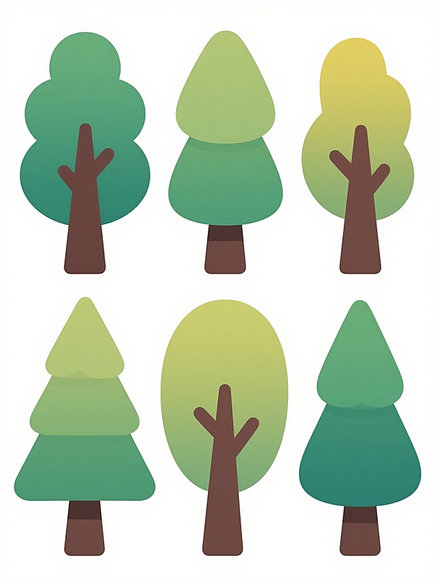 六个排列整齐的卡通风格树木，每棵树具有不同样式、品种和外观，均采用平滑轮廓和渐变色彩，树干为深棕色，树叶有绿色、浅绿色、黄绿色等多种色调，整体呈现简洁、可爱的插画风格，白色背景，无其他元素干扰。
