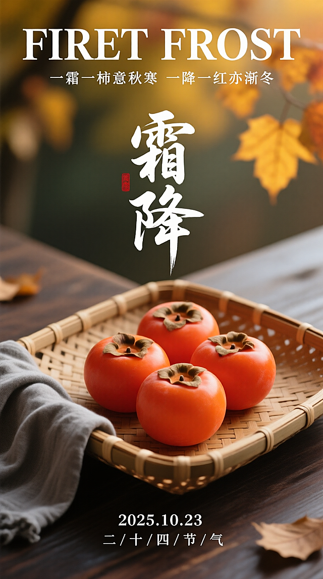 画面主体是竹编托盘，旁边搭着灰色布巾，里面放着三个柿子；画面顶部白色宋体副标题“FIRET FROST” 英文，以及宋体小字“一霜一柿意秋寒 一降一红亦渐冬” ；中间竖排标题 “霜降” 书法艺术字；底部白色小字“2025.10.23  二/ 十 / 四  / 节 / 气”，背景为带有暖黄秋叶的朦胧景象与深色木质桌面