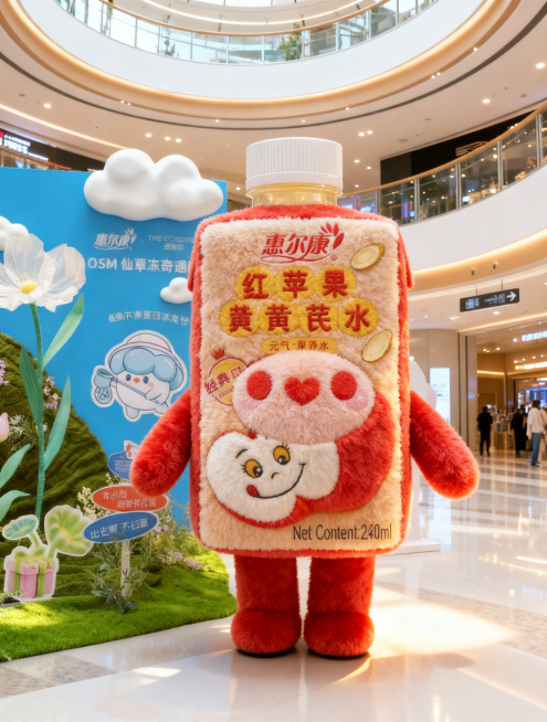 参考惠尔康红苹果黄芪水饮品的外观，以商场美陈场景为背景，生成毛绒质感的红苹果黄芪水拟人玩偶，玩偶有毛绒四肢，整体画面自然清晰，颜色自然，保留饮品的包装文字和设计元素预览效果