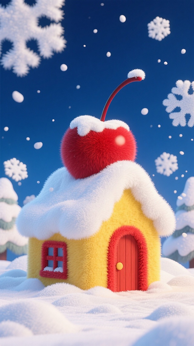 画面中心是黄色小房子（红色门和窗），屋顶覆盖白雪，房顶上有一个巨大的被雪覆盖的红色樱桃，深蓝色天空，周边飘着白色雪花，地面有积雪