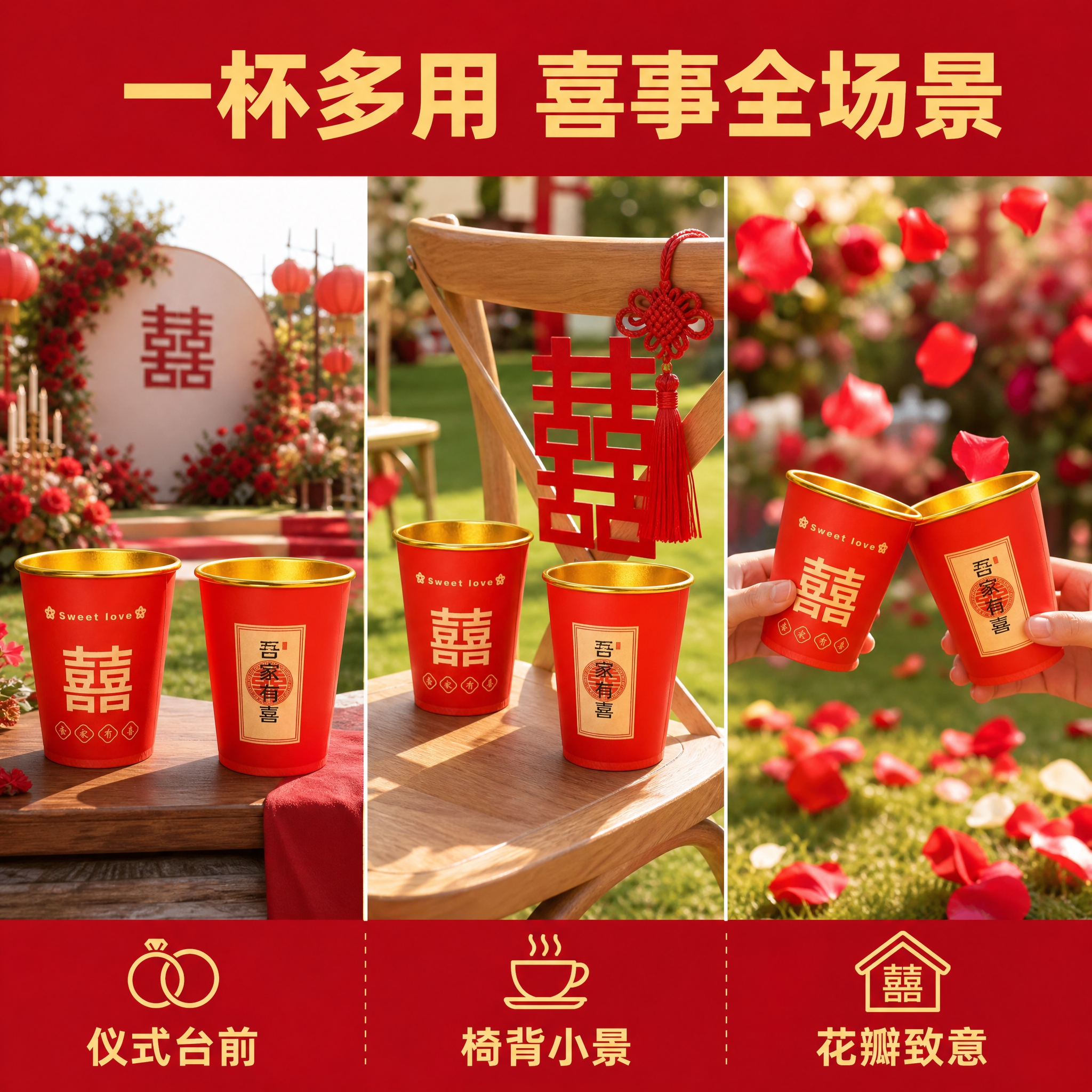 拼多多主图8，正红色加厚金箔一次性纸杯双款组合装（红色喜字款+… - 图片创意预览