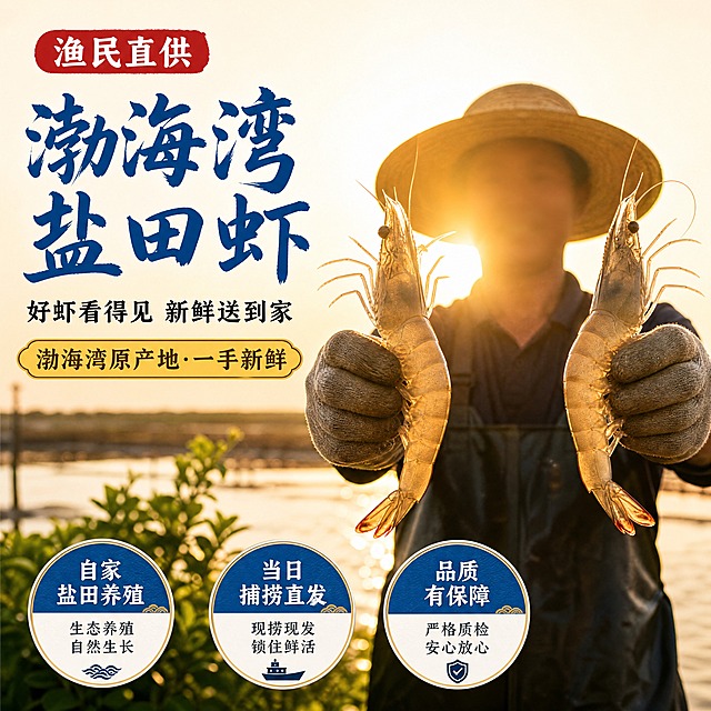 盐田虾渔民直供主图海报，方图1:1比例，4K高清。画面与原图完全一致，只把所有黄骅字样替换成渤海湾。人物面部保持逆光虚化不清晰。

画面内容：渔民戴草帽手套，手举两只大虾展示，逆光暖金色，背景盐田水面和绿色植物，人物面部在光影中不清晰。

文字修改：
- 顶部红色标签：渔民直供（不变）
- 主标题蓝色书法大字，两行：渤海湾 盐田虾
- 副标题：好虾看得见 新鲜送到家（不变）
- 黄色标签：渤海湾原产地·一手新鲜
- 底部三个圆形图标标签：
  自家盐田养殖 / 生态养殖 自然生长
  当日捕捞直发 / 现捞现发 锁住鲜活
  品质有保障 / 严格质检 安心放心

整体风格：逆光温暖氛围，产地直供信任感，虾为前景主体。