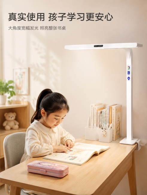 [第10屏] 真实使用场景展示-儿童学习桌面使用情境。本屏使用【图1】作为商品主体。
[氛围/风格] 温馨真实，生活化场景，自然舒适，突出使用体验。
[元素布局] 护眼大路灯夹在儿童学习桌边缘，小女孩预览效果
