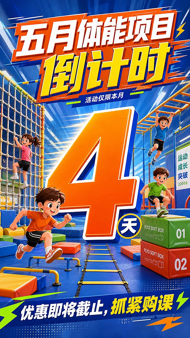 少儿体能馆五月体能项目倒计时海报，整体风格保持和参考图一致，活力运动风，蓝橙明亮配色，保留标题"五月体能项目倒计时"和底部文案"优惠即将截止，抓紧购课"，替换中心大数字为"4"，标注"天"，背景为儿童体能训练器材场景，不要轮滑，保持排版一致