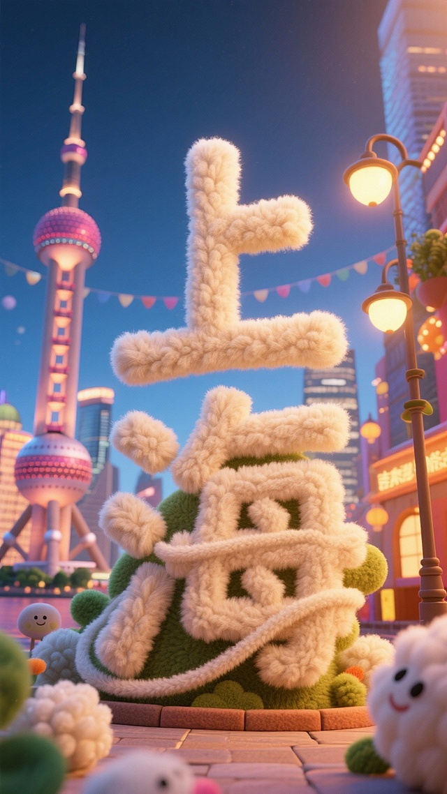 毛茸茸的“上海”字样在夜色中萌趣登场，融合3D软体与虚拟现实风格，梦幻又喜庆，卡通感十足，东方明珠与彩灯共绘城市童话。