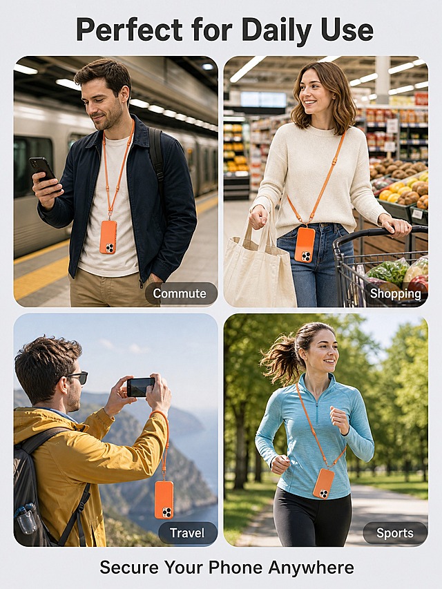 [主图-6] Universal Crossbody Phone Lanyard，多场景使用图，主题为Perfect for Daily Use，展示多种适用场景。
[统一基调] 亚马逊跨境克制信息图风格，浅冷灰色背景，英文文案，无衬线字体，标题深灰色，辅助文字中灰色，强调色橙色，圆角场景卡片，视觉与前图统一。
[画面] 画面采用2x2四宫格布局，四个场景卡片分别展示不同使用场景，每个卡片是圆角矩形实景小图：左上卡片展示通勤场景——一位欧美男士（30岁左右，深棕色短发，商务休闲装）在地铁站内看手机，手机挂在脖子上，挂绳为橙色；右上卡片展示购物场景——一位欧美女士（28岁左右，浅棕色齐肩发，休闲装）在超市推车，手机斜挎在身侧，双手拿购物袋；左下卡片展示旅行场景——一位旅行者在户外景点拍照，手机通过挂绳挂在手腕上，防止掉落；右下卡片展示运动场景——一位跑步者在公园慢跑，手机斜挎在胸前，双手摆动。四个场景卡片之间有均匀间距。画面底部有一行总结文字"Secure Your Phone Anywhere"。
[光影质感] 每个场景卡片内都是真实自然光感，人物自然，产品融入场景，挂绳颜色和形态与产品一致。
[配色] 浅冷灰背景 + 四个实景卡片 + 深灰标题文字 + 橙色产品在各场景中作为视觉焦点。
[文字版式] 主标题"Perfect for Daily Use"位于画面顶部居中，粗体深灰大号字。每个场景卡片右下角有一个小标签文字："Commute"、"Shopping"、"Travel"、"Sports"，白色文字在半透明深灰圆角底上。底部总结文字为中号深灰色。
[输出要求] 3:4竖版比例，四个场景清晰，产品在各场景中可见且形态一致，文字清晰，无变形、无错字、无模糊、无水印、无平台Logo。
