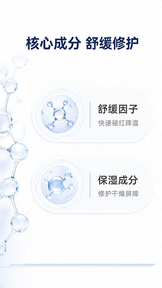 [第4屏] 核心舒缓功效成分，科技护肤配方展示。无需绑定产品图，成分科技视觉背景。
[氛围/风格] 成分科技风，极简轻奢医美风，低饱和浅蓝白色，干净通透科研质感。
[元素布局] 顶部大标题，中间双行网格展示核心成分与功效，底部浅蓝装饰条，整体无多余装饰。每个成分区块搭配浅蓝色科技分子圆形背景，成分名称在上，功效描述在下，排版工整干净。左侧分子3D结构装饰，右侧留白透气。
[光影质感] 柔和均匀实验室光线，成分区块比背景稍亮，层次分明，通透干净，没有厚重阴影。
[配色色系] 全局底色白色，标题深蓝色，成分名称深灰，功效浅灰，分子背景浅蓝，整体低饱和干净配色。
[视角构图] 竖版9:16，从上到下：标题-成分网格-装饰条，构图简约有序。
[文字版式] 顶部主标题「核心成分 舒缓修护」深蓝色加粗居中；
双行成分网格：
第一行：「舒缓因子 | 快速褪红降温」
第二行：「保湿成分 | 修护干燥屏障」
每个成分与功效用竖线分隔，字体工整，行距宽松，适合移动端阅读。
[比例分辨率] 9:16竖版，4K分辨率，文字清晰。
[负向提示词] 背景杂乱，颜色刺眼，文字模糊，密集恐惧，夸张宣传，水印，极限词