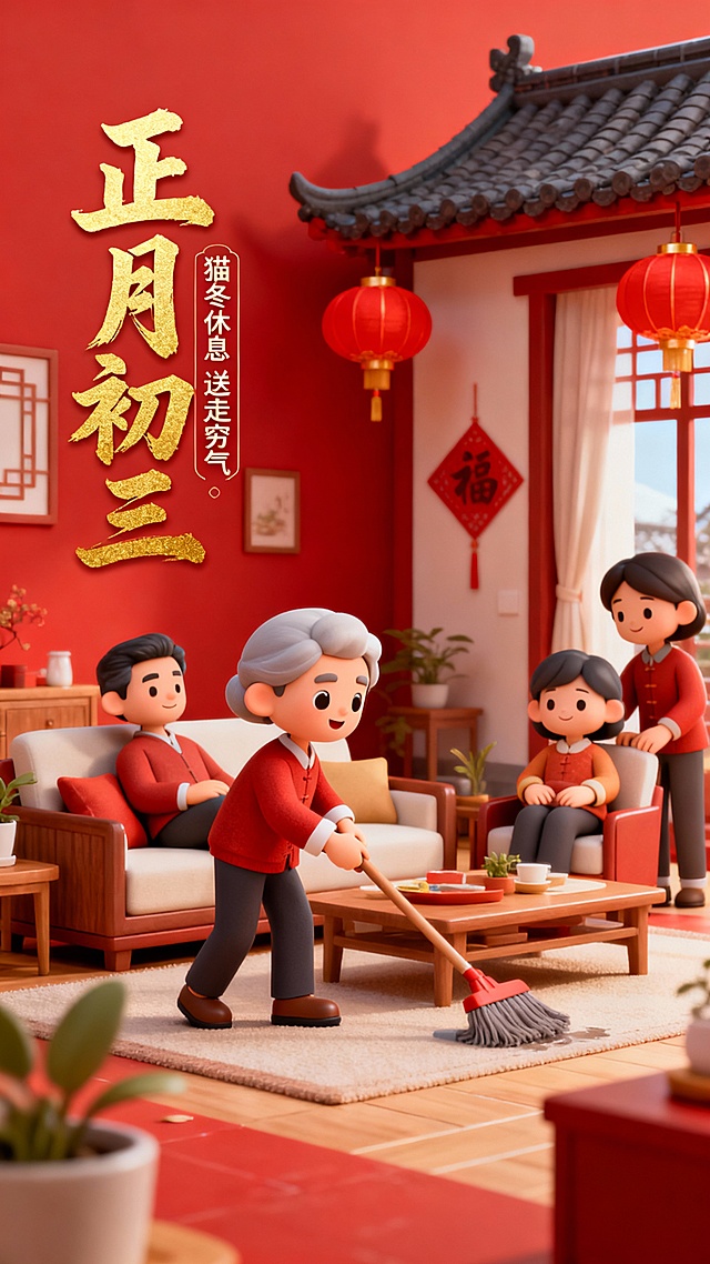 参考这两张图片的风格样式及布局，按照中国传统民俗，制作除夕到初七的新春民俗套图，共八张
