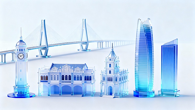 矢量插图，透明磨砂玻璃材质，蓝色渐变，海南地标建筑群合集（世纪大桥、钟楼、骑楼老街、世贸大厦、海航大厦等），建筑单独并列排列，建筑科技感，浅色背景，C4D，极简风格，数字艺术，背景干净纯净，极致的光线，8k超高清，正视视角视图