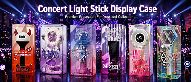 Amazon Advanced A+ (desktop) main visual poster for Concert Light Stick Display Case. This is a clear acrylic display box designed for K-pop idol light sticks. We have 6 different styles, keep all original product appearances, structures, gradient colors and decorative prints from [image1] to [image6] completely unchanged. Reference the layout of [image7], arrange all 6 display boxes in a row on the foreground. Background is a large K-pop concert stage with shining spotlights and crowd silhouette, creating a strong fan atmosphere. Style is trendy Korean pop poster aesthetic, bright commercial photography, highlight the high transparency of acrylic material. Main title at top center: "Concert Light Stick Display Case", subtitle below: "Premium Protection For Your Idol Collection". Keep all text in English, clear and readable. Ratio 61:25, 4K resolution. Negative: deformation, wrong color, blurry product, text error, Chinese characters.