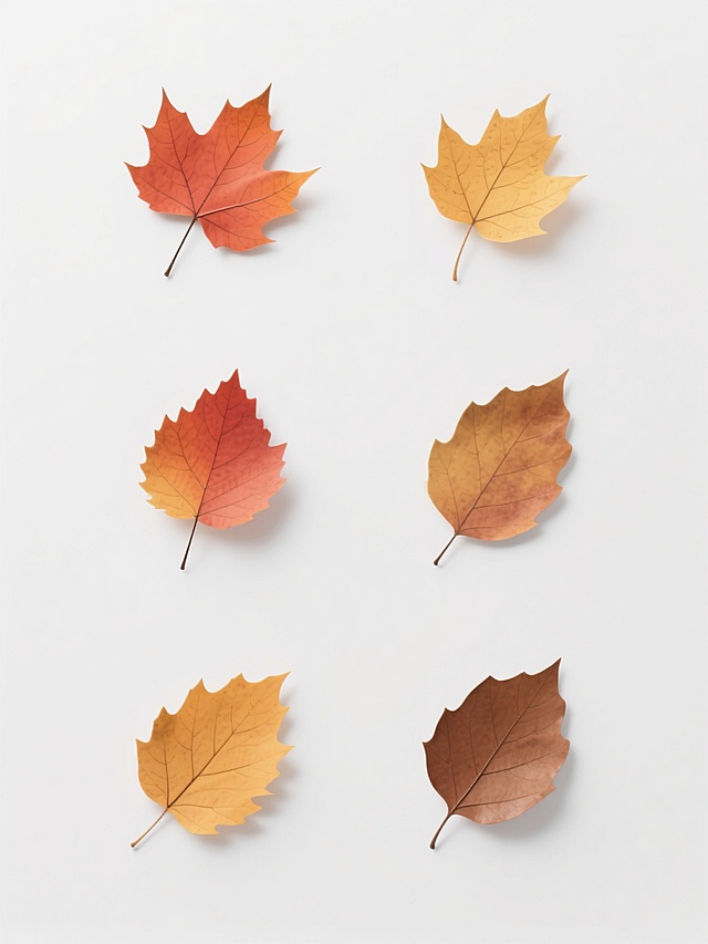 六个规整排布的现代简约风格落叶素材，每个素材均以纯白色纯色为背景，无任何文字、logo或水印。素材中包含多种不同形态的落叶，落叶颜色呈现从橙红、暖黄到棕褐的自然渐变，具有清晰的叶脉纹理和轻微的光影立体感，模拟真实落叶的轻盈质感与自然形态。整体设计保持高度的简洁性与统一性，每个素材中的落叶元素布局疏密有致，形态各异，共同营造出秋季的自然氛围与现代设计感。