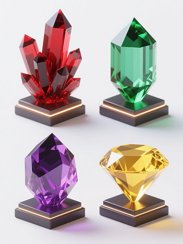 一组四个不同元素的规整排布系列素材，每个元素都采用3D渲染风格，具有半透明的晶体质感，棱角分明且表面光滑，底部有深色基座，顶部和边缘有明亮的高光和内部发光效果，背景为纯色。第一个元素是红色水晶簇，主色调为深红与透明红，高光为亮红；第二个元素是绿色宝石，呈多面体切割状，主色调为翠绿与透明绿，高光为亮绿；第三个元素是紫色晶石，形态为不规则多棱体，主色调为深紫与透明紫，高光为亮紫；第四个元素是黄色钻石，呈经典钻石切割形状，主色调为金黄与透明黄，高光为亮黄。所有元素大小一致，在白色背景上呈2x2网格整齐排列，保持统一的光影风格和材质表现。
