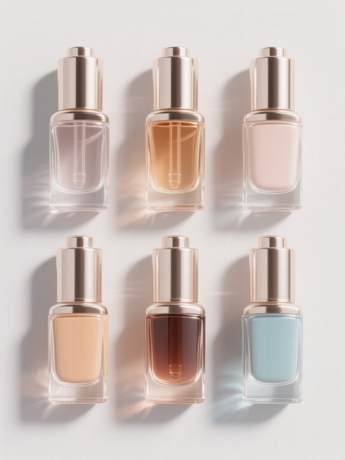 超写实3D渲染风格的化妆品系列素材集合，六款完全不同配色与瓶身样式的精华液瓶子规整排布在纯色背景上，保持高光泽透明玻璃质感，精确的液体折射效果，细腻的金属瓶盖反光，柔和的立体阴影，统一的垂直居中构图与精致的产品细节表现，每款瓶子拥有独特的颜色组合与形态设计，整体呈现高端化妆品广告级视觉品质。预览效果