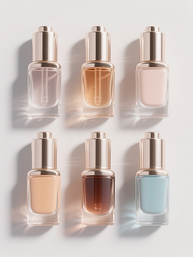 超写实3D渲染风格的化妆品系列素材集合，六款完全不同配色与瓶身样式的精华液瓶子规整排布在纯色背景上，保持高光泽透明玻璃质感，精确的液体折射效果，细腻的金属瓶盖反光，柔和的立体阴影，统一的垂直居中构图与精致的产品细节表现，每款瓶子拥有独特的颜色组合与形态设计，整体呈现高端化妆品广告级视觉品质。