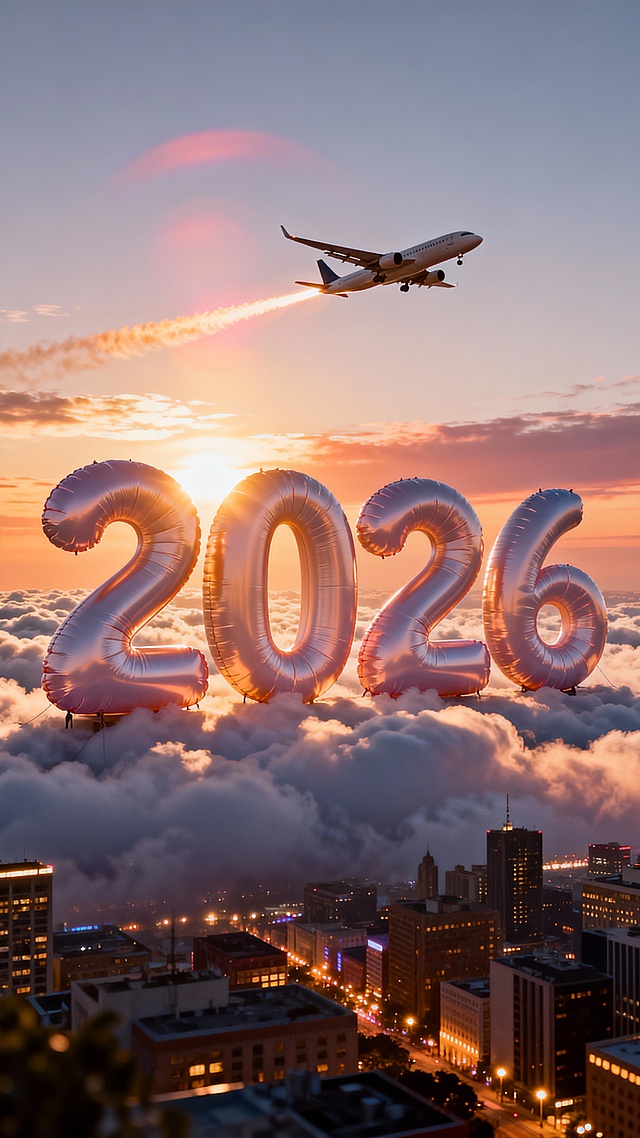 气球质感巨型 “2026” 立在云层，顶沐阳光、下面是灯火通明的都市建筑场景，上面客机掠过，光晕交织晚霞色调