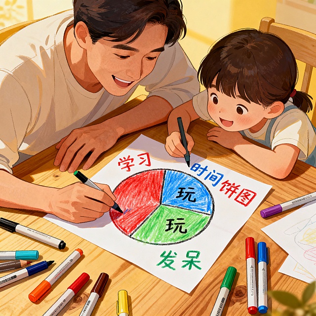 家长和孩子一起画彩色“时间饼图”，饼图显示“学习”“玩”“发呆”占比，桌上散落彩笔；