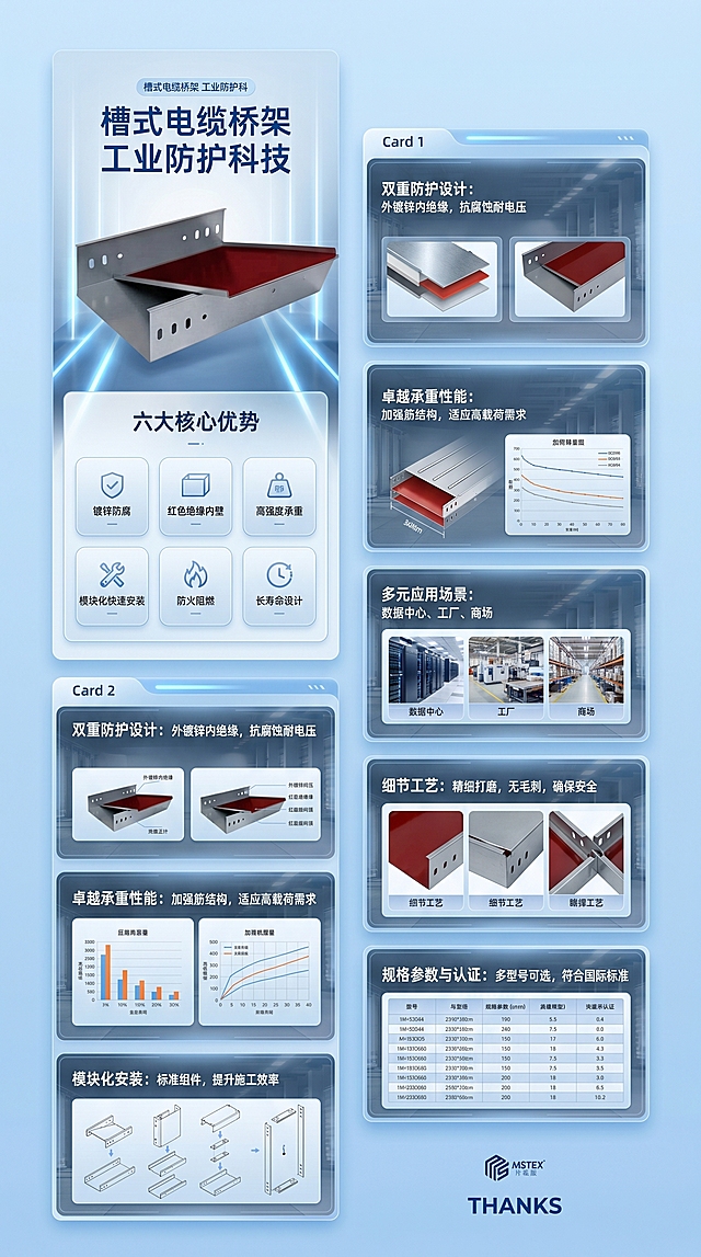 参考图一的双栏长详情页设计风格，为图二的槽式电缆桥架产品设计一套9:16竖版详情页，整体风格保持图一的蓝白科技工业风，双栏分屏展示，渐变浅蓝背景搭配通透光效，信息分层呈现。保留图一的版式结构：顶部主标题+产品主图，然后是核心卖点模块，接着分模块展示产品优势、技术特点、规格参数、应用场景、细节展示，最后收尾。配色采用蓝灰工业风，契合五金建材产品属性，保持信息层级清晰，每个模块采用卡片式设计，光效点缀，保持和图一一致的设计语言，产品替换为图二的红色内壁镀锌槽式电缆桥架。