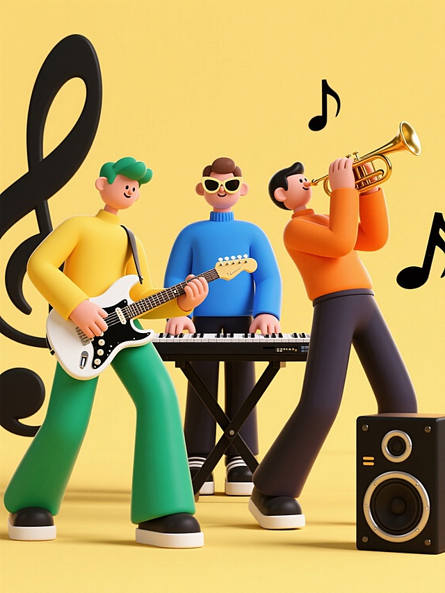 3D风格呈现的音乐节场景，三位动感音乐人造型各异，左侧是身着独特造型黄色上衣与绿色裤子的吉他手，专注弹奏造型别致的白色电吉他；中间是戴着独特造型墨镜、身着蓝色上衣的男子，站在造型新颖的黑色电子琴前；右侧是身着橙色上衣与深色裤子、造型独特的小号手，身体后倾全力吹奏造型特别的金色小号，周围环绕着独特造型的黑色音乐符号，右下角是造型独特的黑色音响，纯色背景简洁明快，整体充满节奏感与青春活力，4个规整排布。