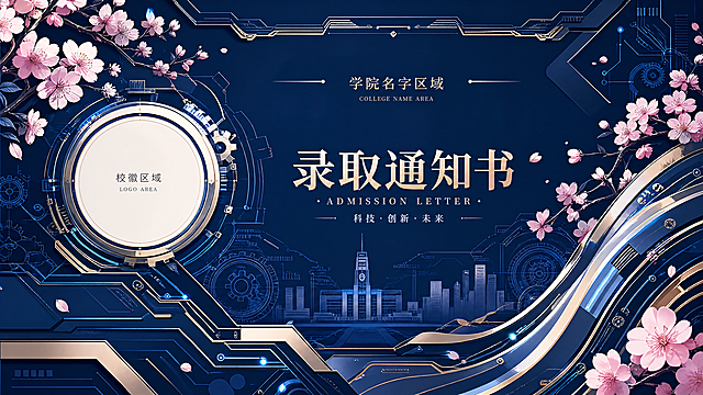 横版矢量深蓝色立体录取通知书，融合樱花柔美元素和工业科技机械线条元素，预留校徽和学院名字设计区域，整体设计高级感强，创意十足，元素丰富有层次感，配色高级精致，让人眼前一亮的设计感，矢量风格清晰