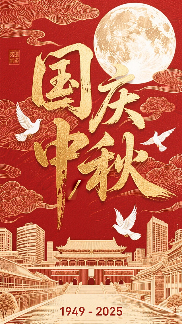 国潮风融合剪纸与鎏金工艺，大字风书法彰显喜庆与政务感，红金配色呈现中式古典韵味，祥云、明月与飞鸽烘托民族节日氛围。