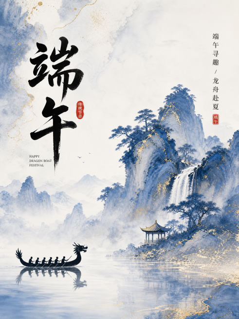 竖版端午节主题海报,新中式水墨鎏金风格,主色调为青花瓷蓝+白色+鎏金,画面整体为写意山水效果,8K清透质感。
主体画面:
- 背景:写意水墨山水,蓝白渐变晕染,搭配金色闪粉点缀,右侧有蓝色山峰、瀑布、预览效果
