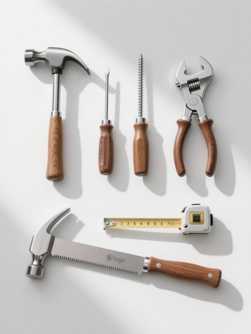 六个不同的五金工具——锤子、螺丝刀、扳手、钳子、卷尺和锯子，每个工具均具有光滑银色金属部件与温暖棕色木质手柄，金属部分展现清晰阴影和高光，木质手柄呈现自然木纹。所有工具以规整网格状排布在纯白色背景上，采用写实主义产品摄影风格，光线从斜上方照射形成明显光影对比，突出工具的立体感和材质细节，无任何文字、logo或水印。预览效果