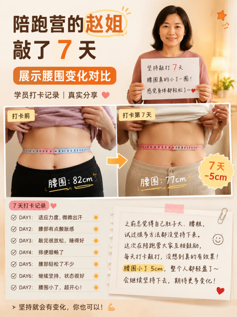 小红书竖版，画面比例3:4，真实学员打卡案例展示，配文字：陪跑营的赵姐，敲了 7 天，展示腰围变化对比，学员打卡记录，暖色调真实分享风格，图文排版预览效果