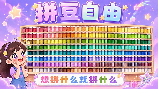 可爱卡通风大众点评头图，横版16比9比例。主题拼豆自由，大标题在顶部，字体圆润可爱有光泽感，粉紫蓝渐变配色。画面主体是一个巨大的拼豆收纳架，上面整齐排列着两百多罐不同颜色的拼豆，色彩从暖到冷渐变排列，非常壮观丰富。左下角有一个卡通小女孩惊喜地看着满架的豆子，眼睛发亮，双手捧脸表情开心。底部文字多种颜色任选 想拼什么就拼什么。背景是淡紫色渐变，有闪光和星星装饰，营造梦幻丰富的感觉。扁平插画风格，版式精美。