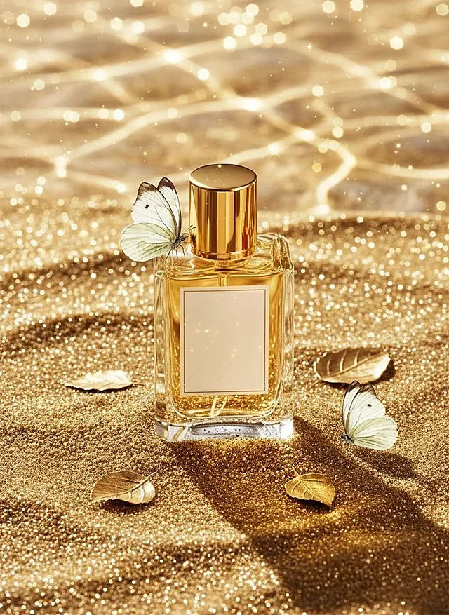 主体放置在洒了金粉的沙滩上，点缀两只白色蝴蝶（一只停在瓶身，一只在沙滩上）、金色叶片，背景有带金色光斑的水波纹