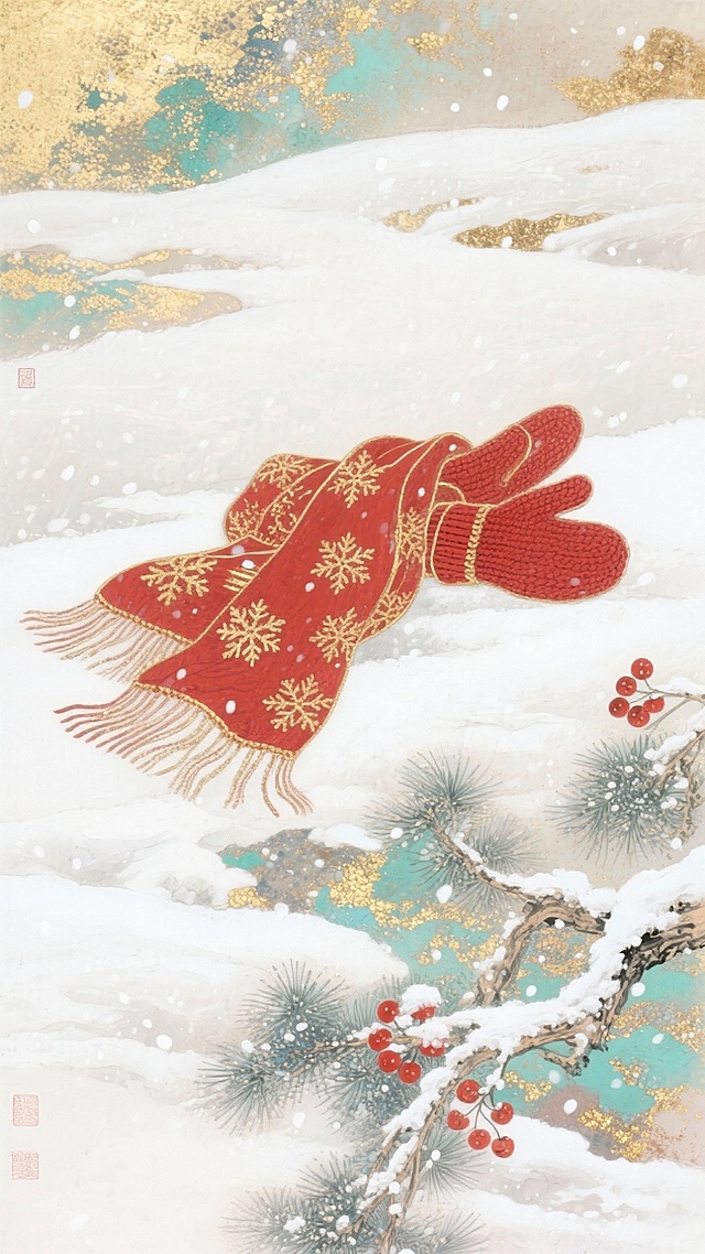工笔细腻，岩彩点染，鎏金雪花点缀红围巾与松枝，雪中红果映衬喜庆温馨，国潮风韵尽显冬日唯美意境。