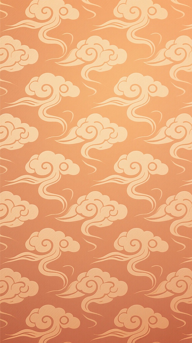 一张具有浓厚中式传统韵味的暖色调祥云背景图，整体采用连续不断、均匀分布的祥云纹样作为主体图案，这些祥云线条流畅优美，呈现出典型的中国传统云纹样式，卷曲的形态富有动感和韵律感，形成了一个完整且和谐的无缝图案。背景色为温暖的色调，如同夕阳余晖般柔和，祥云纹样则以稍浅一些的暖色系呈现，与背景形成恰到好处的对比，既突出了祥云的轮廓又保持了整体的统一性和柔和感。整个画面风格简洁素雅又不失庄重典雅，充满了东方美学气息，能够在短时间内让观者感受到浓郁的中国传统文化氛围，非常适合作为具有中式风格的背景使用。