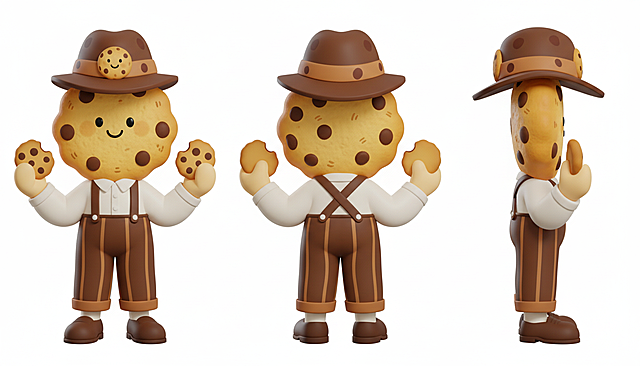 生成画作的3D潮玩风格的三视图，需要包含正面/背面/侧面视角，纯色背景