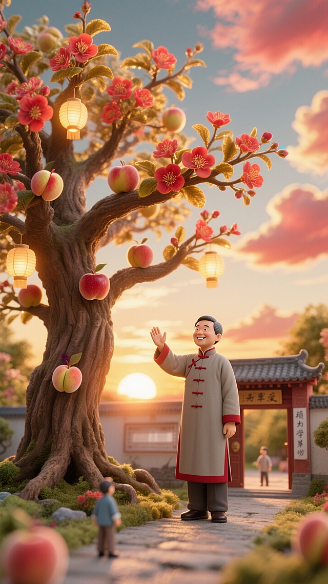 中式3D拟人风，梦幻温馨的超现实主义场景，水彩般的桃花树与灯笼，营造节日氛围。