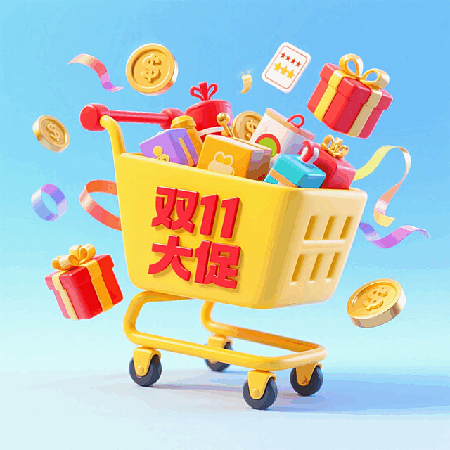 一个装满商品的黄色购物车（车身写着红字“双11大促”），周围环绕金币、彩色丝带、礼盒、评分卡片等元素，背景为渐变浅蓝色，促销氛围