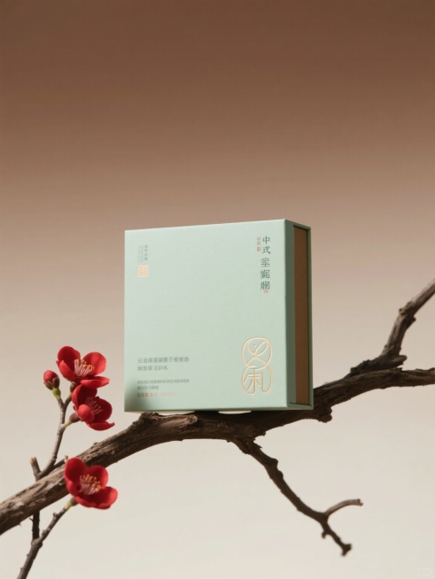 东方韵味氛围海报，中央突出显示一盒浅绿色包装盒，包装盒下方有枯枝和红花，背景为高级色调渐变，实景拍摄质感，干净画面预览效果