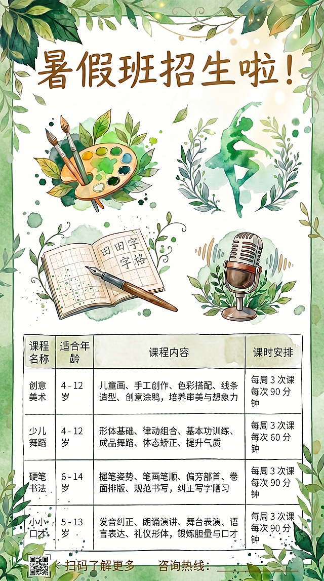修改这张暑假招生海报：将海报四周的米色边框替换为和整体风格统一的绿色调；更换一个不同动态的爵士舞剪影图案，保留原有版式、色彩饱和度以及所有文字信息不变。