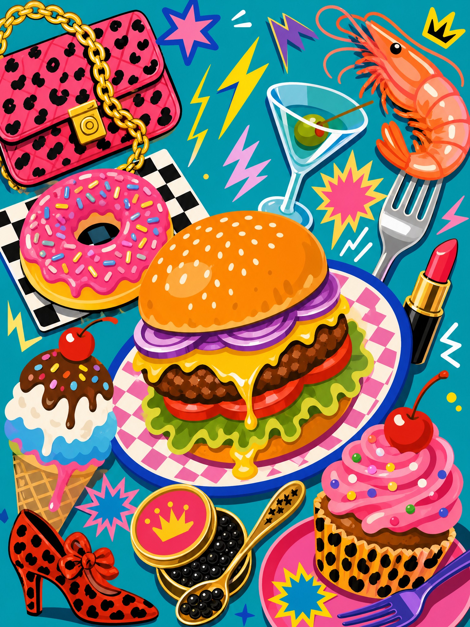 参考图的版式骨架和极繁主义插画风格，生成一款美食主题海报，画面… - 图片创意预览