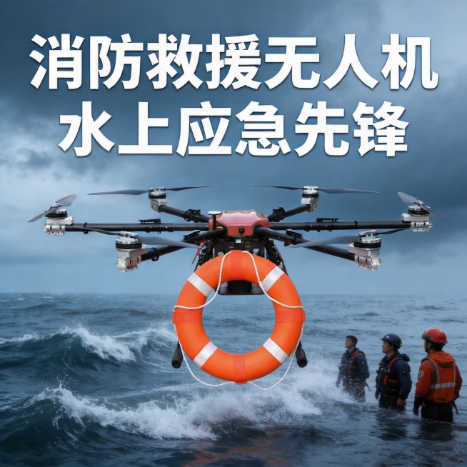 消防救援无人机水上救援场景图，展示无人机在波涛汹涌的水面上空投放救生圈，水面上有等待救援的人员，背景是阴沉的天空，画面充满紧张感和救援的使命感，色调以蓝灰色为主预览效果