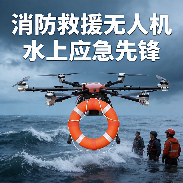 消防救援无人机水上救援场景图，展示无人机在波涛汹涌的水面上空投放救生圈，水面上有等待救援的人员，背景是阴沉的天空，画面充满紧张感和救援的使命感，色调以蓝灰色为主