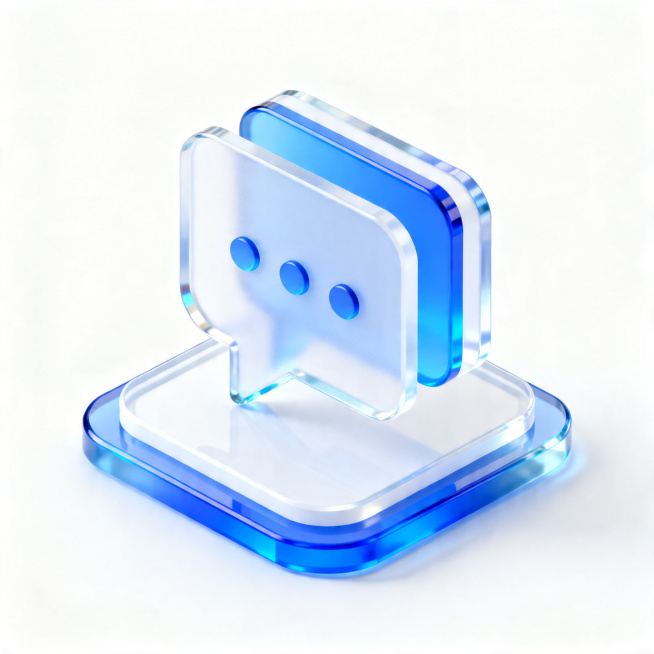 一个谈话方案管理图标，icon，透明材质，蓝白色配色，磨砂玻璃质感，透明感，UI、UX设计风格，等轴测视角，纯白色背景，影棚灯光，色彩明亮，3D艺术，C4D软件制作，配合OC渲染器，细节丰富，高清画质预览效果