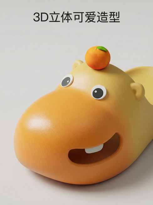 Detail close-up: Close-up of the toe head of this 3D cute hippo slipper, highlighting the 3D three-d预览效果