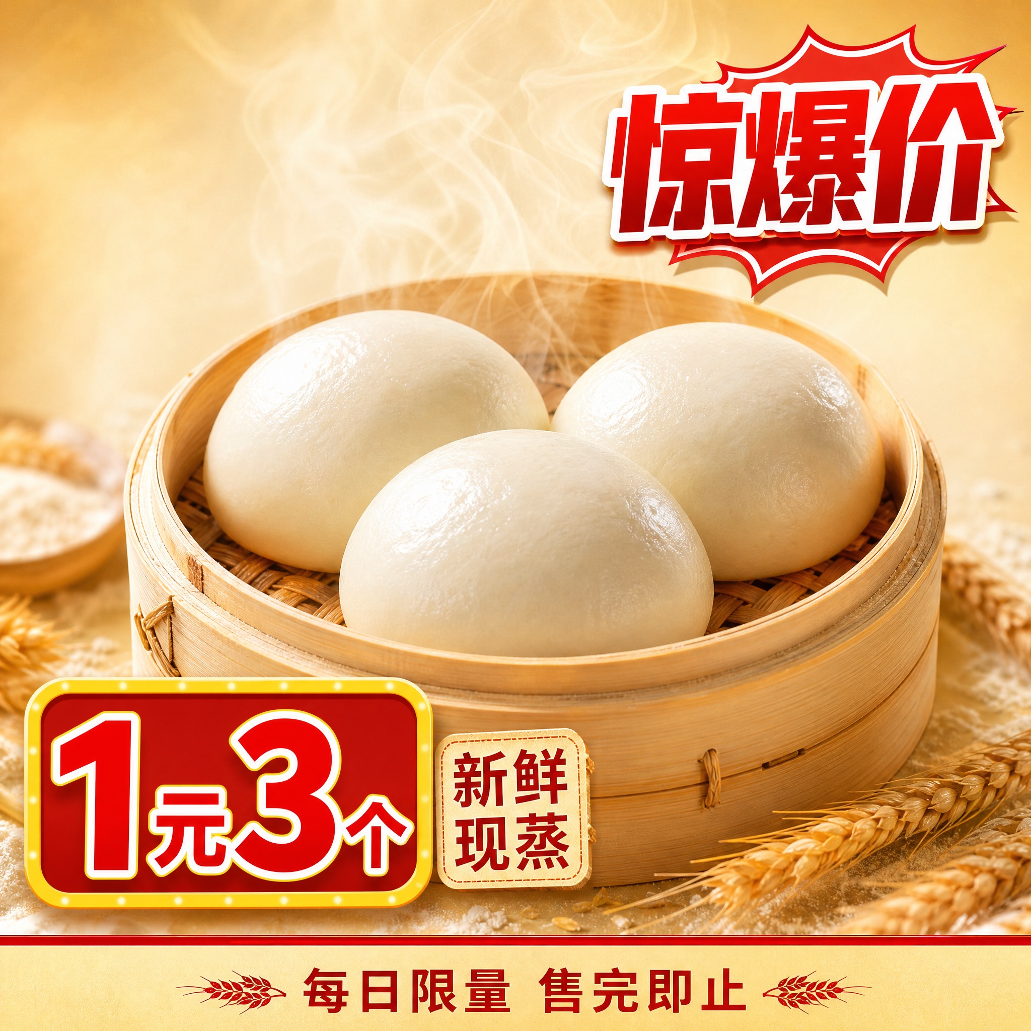 超市促销商品海报，画面中央是三个白白胖胖的热馒头，冒着腾腾的热… - 图片创意预览