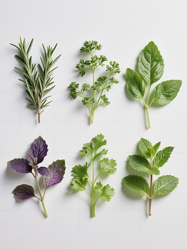 高清晰摄影风格，纯色背景，六组不同香料（如迷迭香、百里香、欧芹、罗勒、香菜、薄荷）以规整网格排布，每组香料保持自然舒展的形态，叶片纹理清晰可见，茎部细节分明，整体色彩根据不同香料特性变换（如迷迭香深绿、百里香嫩绿、欧芹亮绿、罗勒紫绿、香菜浅绿、薄荷翠绿），统一采用柔和顶光照明，叶片边缘有细微高光，背景与香料形成鲜明对比，无文字、二维码及其他装饰元素，画面简洁干净，信息传达直接，适合作为食材或香料系列素材使用。