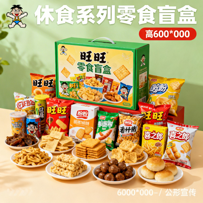 800*800正方形构图，休食系列零食盲盒展示图，包装盒上清晰展示旺旺、盼盼、喜之郎等多个知名品牌零食产品元素，整体色彩明亮丰富，吸引消费者的休闲食品盲盒商业宣传图，产品摆放整齐，质感精致预览效果