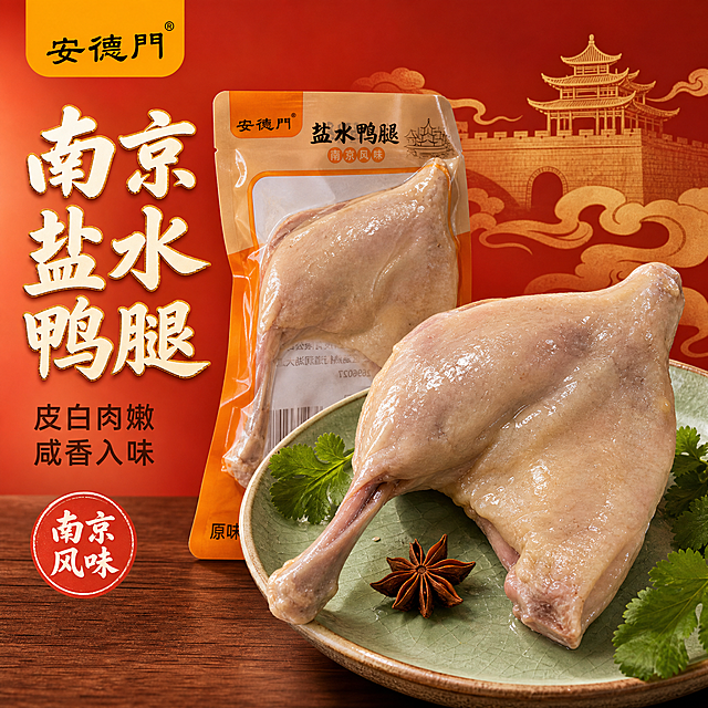 基于图中的安德门盐水鸭腿产品包装袋，生成国潮电商风格拼多多主图第1张，1:1正方形。将产品重绘为商业美食摄影质感，画面右侧主体为拆开包装的盐水鸭腿实物，鸭腿完整带骨，皮色乳白带淡淡粉红，表面有晶莹油光，肉质饱满紧实，放在古朴青瓷盘上，盘边点缀少许香菜叶与八角香料；左侧保留一袋安德门盐水鸭腿包装袋斜靠在旁，包装袋上安德门商标与盐水鸭腿字样清晰可见；背景为暖红色国潮渐变，上方有淡金色南京城楼剪影与祥云纹样，下方有木质台面纹理，营造传统又现代的国潮氛围；主体占画面约65%，鸭腿为视觉中心。自然暖光从左上方打来，鸭腿表面呈现通透油亮质感，皮面有细腻光泽，肉质纹理清晰；盘底有柔和接触阴影。左上角放安德门品牌商标同款Logo；左中部主标题大字南京盐水鸭腿，书法粗体，米白字暖金描边；标题下方两行小字卖点皮白肉嫩、咸香入味，深棕色黑体；左下角一个朱红印章式圆章，内写南京风味白字。整体暖调鲜活有购买欲，不出现人物。禁止出现百年、地道、传统、老字号、现做现发、冷链运输、破损包赔、顺丰发货、礼盒装、礼袋装等禁用词；禁止夸大宣传、平台Logo、水印、杂乱背景。