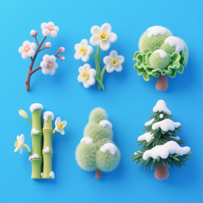 4个冬季植物元素，分别是铁线莲、梅花、水仙、羽衣甘南、腊梅、竹子、松柏、冬青上面有雪，三行两列对齐排列，蓝色纯色背景。预览效果